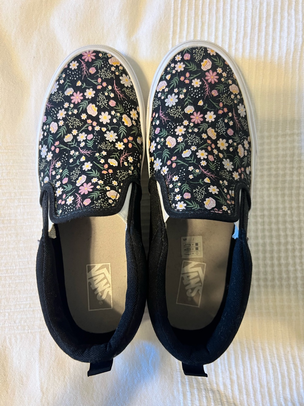 Vans Floral Slip-On Sneakers - Black with Pink, White, Green Accents